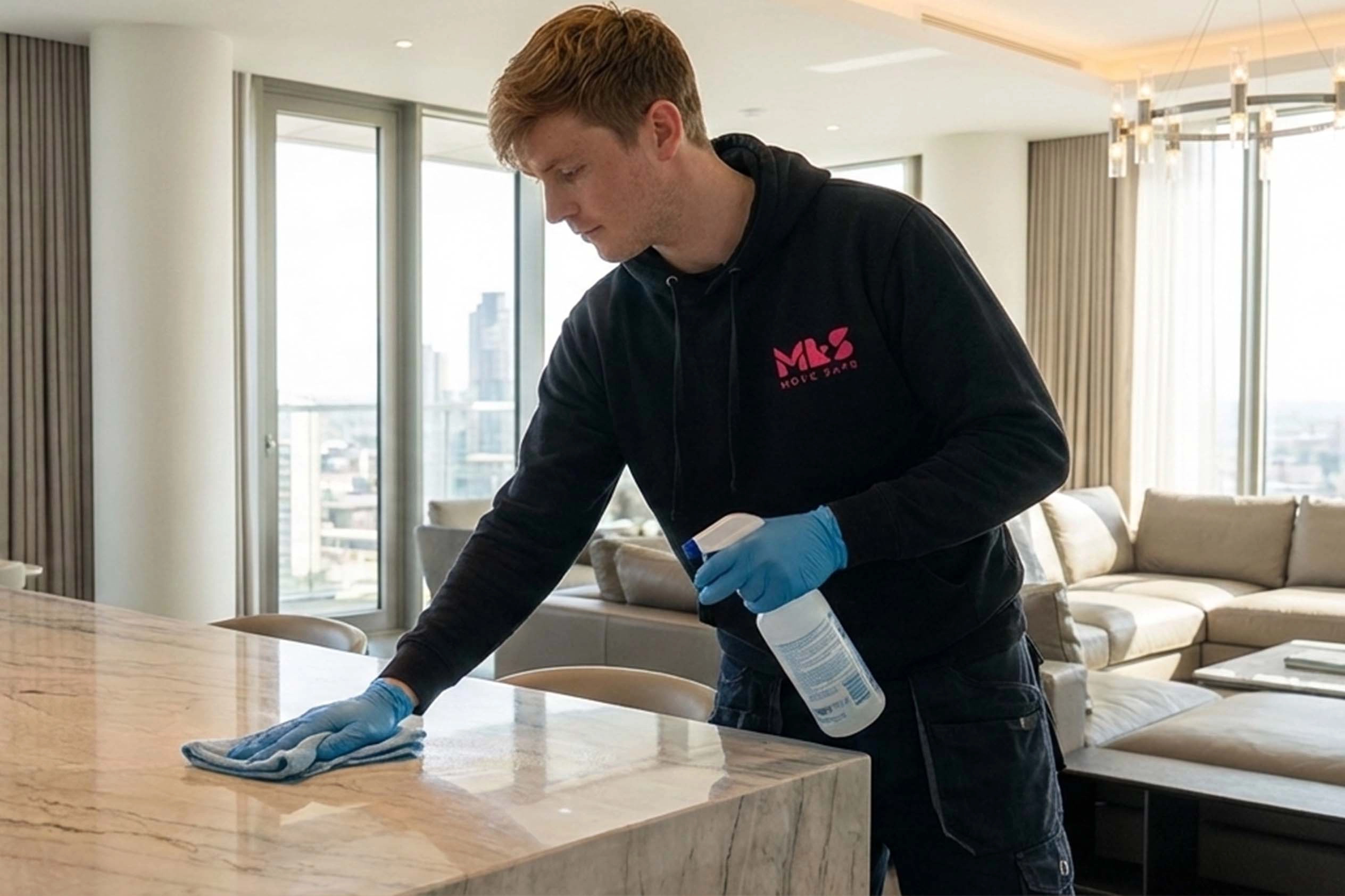 Post Move Cleaning Service Liverpool | M&S Removals Professional removals Liverpool team member cleaning kitchen surface after a house move