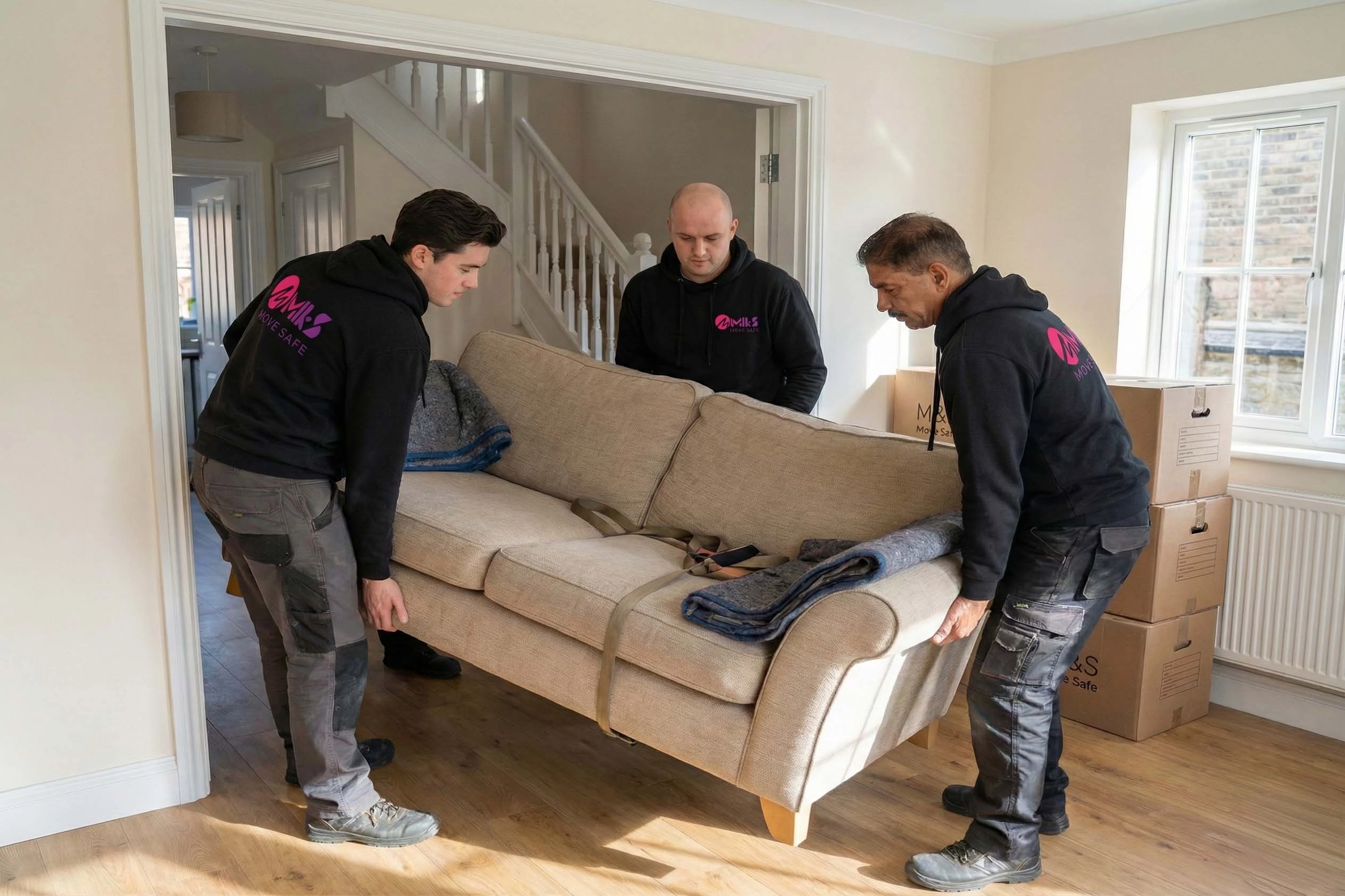 Furniture Removals Liverpool Team | M&S Removals Professional removals Liverpool team carefully lifting a sofa during a house move